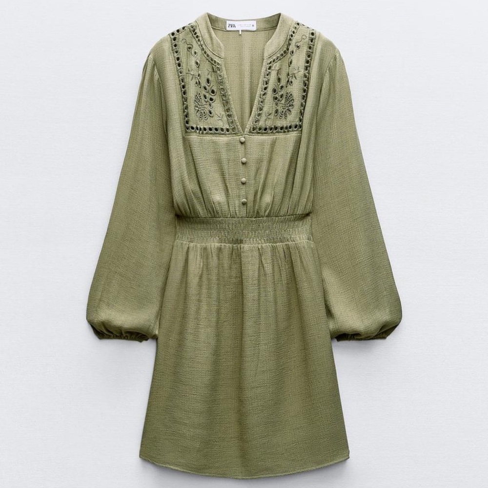 Zara Olive Green Embroidered Dress